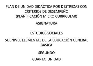 PLAN DE UNIDAD DIDÁCTICA POR DESTREZAS CON
CRITERIOS DE DESEMPEÑO
(PLANIFICACIÓN MICRO CURRICULAR)
ASIGNATURA
ESTUDIOS SOCIALES
SUBNIVEL ELEMENTAL DE LA EDUCACIÓN GENERAL
BÁSICA
SEGUNDO
CUARTA UNIDAD
 