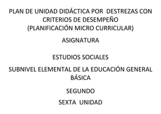 PLAN DE UNIDAD DIDÁCTICA POR DESTREZAS CON
CRITERIOS DE DESEMPEÑO
(PLANIFICACIÓN MICRO CURRICULAR)
ASIGNATURA
ESTUDIOS SOCIALES
SUBNIVEL ELEMENTAL DE LA EDUCACIÓN GENERAL
BÁSICA
SEGUNDO
SEXTA UNIDAD
 