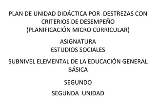 PLAN DE UNIDAD DIDÁCTICA POR DESTREZAS CON
CRITERIOS DE DESEMPEÑO
(PLANIFICACIÓN MICRO CURRICULAR)
ASIGNATURA
ESTUDIOS SOCIALES
SUBNIVEL ELEMENTAL DE LA EDUCACIÓN GENERAL
BÁSICA
SEGUNDO
SEGUNDA UNIDAD
 