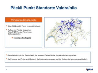 Päckli Punkt Standorte Valora/nilo
Verkaufstellenübersicht



Über 780 Drop Off Points in der dt/it Schweiz
Aufbau des Pick Up Netzwerkes
Aktuell 120 Pick Up Points in den
Ballungsgebieten
 Tendenz sehr steigend

 Die Aufschaltung in der Westschweiz, bei unserem Partner Naville, ist gesondert abzusprechen.
 Die Prozesse und Preise sind identisch, die Systemanforderungen und der Vertrag sind jedoch unterschiedlich.

15

 