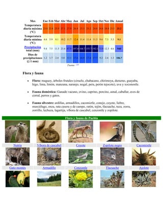 Mes Ene Feb Mar Abr May Jun Jul Ago Sep Oct Nov Dic Anual
Temperatura
diaria máxima
(°C)
23.0 23.8 25.9 27.1 27.9 26.4 25.3 25.2 24.8 24.6 24.4 23.5 25.2
Temperatura
diaria mínima
(°C)
4.6 5.9 8.1 10.2 11.7 12.4 11.4 11.4 11.3 9.6 7.3 5.3 9.1
Precipitación
total (mm)
9.4 7.5 11.5 23.4 87.9 197.0 164.7 155.7 192.1 73.9 12.3 4.6 940
Días de
precipitaciones
(≥ 1 mm)
1.2 1.7 2.4 5.8 13.1 17.6 16.9 17.4 17.7 9.2 2.4 1.3 106.7
Fuente: [19]
Flora y fauna
 Flora: maguey, árboles frutales (ciruelo, chabacano, chirimoya, durazno, guayaba,
higo, lima, limón, manzana, naranjo, nogal, pera, perón tejocote), uva y xoconostle.
 Fauna doméstica: Ganado vacuno, ovino, caprino, porcino, asnal, caballar, aves de
corral, perros y gatos.
 Fauna silvestre: ardillas, armadillos, cacomiztle, conejo, coyote, liebre,
murciélago, onza, rata casera y de campo, ratón, tejón, tlacuache, tuza, zorra,
zorrillo, lechuza, lagartija, víbora de cascabel, cenzontle y zopilote.
Flora y fauna de Puebla
Nutria Víbora de cascabel Coyote Zopilote negro Cacomixtle
Gato montés Armadillo Cenzontle Tlacuache Ajolote
 