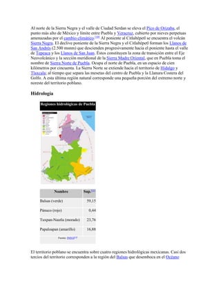 Al norte de la Sierra Negra y el valle de Ciudad Serdan se eleva el Pico de Orizaba, el
punto más alto de México y límite entre Puebla y Veracruz, cubierto por nieves perpetuas
amenazadas por el cambio climático.[10]
Al poniente al Citlaltépetl se encuentra el volcán
Sierra Negra. El declive poniente de la Sierra Negra y el Citlaltépetl forman los Llanos de
San Andrés (2.500 msnm) que descienden progresivamente hacia el poniente hasta el valle
de Tepeaca y los Llanos de San Juan. Éstos constituyen la zona de transición entre el Eje
Neovolcánico y la sección meridional de la Sierra Madre Oriental, que en Puebla toma el
nombre de Sierra Norte de Puebla. Ocupa el norte de Puebla, en un espacio de cien
kilómetros por cincuenta. La Sierra Norte se extiende hacia el territorio de Hidalgo y
Tlaxcala; al tiempo que separa las mesetas del centro de Puebla y la Llanura Costera del
Golfo. A esta última región natural corresponde una pequeña porción del extremo norte y
noreste del territorio poblano.
Hidrología
Regiones hidrológicas de Puebla
Nombre Sup.[11]
Balsas (verde) 59,15
Pánuco (rojo) 0,44
Tuxpan-Nautla (morado) 23,76
Papaloapan (amarillo) 16,88
Fuente: INEGI[12]
El territorio poblano se encuentra sobre cuatro regiones hidrológicas mexicanas. Casi dos
tercios del territorio corresponden a la región del Balsas que desemboca en el Océano
 