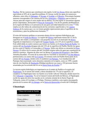 Pacífico. De las cuencas que constituyen esta región, la del río Atoyac drena una superficie
equivalente al 49% de la superficie poblana. El Atoyac recibe las aguas de numerosos
afluentes, entre ellos el Zahuapan, el Nexapa, el Acatlán y el Mixteco. Porcentajes bastante
menores corresponden a las cuencas de los ríos Amacuzac y Tlapaneco que se unen al
Atoyac para dar origen al curso medio del río Balsas. En esta región se encuentran algunas
presas importantes, destacando la Presa de Valsequillo. Una de las grandes problemáticas
de la región del Balsas es la presencia de una gran actividad industrial en la zona.[13]
Ello
implica un alto índice de contaminación de las corrientes superficiales y los mantos
freáticos de la cuenca que a su vez tienen grandes repercusiones para el equilibrio de los
ecosistemas y para las poblaciones humanas.[14]
El resto del territorio poblano se encuentra dentro de tres regiones hidrológicas que
desaguan en el Golfo de México. La región del Pánuco representa menos del 1% de la
superficie del estado y corresponde a una pequeña sección en el municipio de Honey.
Segunda en importancia es la región del Tuxpan-Nautla, con 23% de la superficie estatal.
Está subdividida en cuatro cuencas que tienen sus fuentes en la Sierra Norte de Puebla. La
cuenca del río Tecolutla desagua más del 16% de la superficie de Puebla. Recibe las aguas
de ríos como el Apulco, el Laxaxalpa y el Necaxa. Sobre este último se encuentra la Presa
Necaxa. El relieve de la cuenca alta del Tecolutla origina saltos de agua que constituyen un
atractivo turístico. Algunas de ellas son Las Brisas (Cuetzalan del Progreso) y San Pedro
Atmatla (Zacatlán). Al norte de la cuenca del río Tecolutla se encuentra el río San Marcos,
perteneciente a la cuenca del río Cazones. El extremo norte de Puebla forma parte de la
cuenca del río Tuxpan, donde corre el caudaloso río Pantepec. Las inundaciones del
Pantepec han ocasionado varios desastres naturales en la región, como en 1999, cuando
más de cien familias de Huehuetla (Hidalgo) perdieron sus casas y 254 personas fueron
arrastradas por la corriente del río en la Sierra Norte de Puebla.[15]
La tercera región hidrológica en importancia en el estado de Puebla es la región del
Papaloapan, en el sureste del estado y drena alrededor de 17% de la superficie. El
caudaloso río Papaloapan tiene sus fuentes en el árido valle de Tehuacán, donde nacen los
ríos Tehuacán y Zapotitlán. Ya en la Llanura Costera del Golfo de México, el Papaloapan
recibe las aguas de otros ríos nacidos en la vertiente oriental de la Sierra Negra de
Tehuacán, como el Coyolapa y el Petlapa. Pertenece también a esta región una pequeña
porción de la cuenca del río Jamapa, en la Sierra de Quimixtlán al norte del Citlaltépetl.
Climatología
Climas del estado de Puebla
Climas templados 39,48%
Climas cálidos y
semicálidos
38,96%
Climas secos y semisecos 18,51%
 