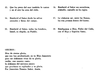 13. Que los peces del mar también le canten
y en el aire las aves del cielo.
l4. Bendecid al Señor desde las selvas
animales y fieras del campo.
15. Bendecid al Señor, todos los hombre...
Israel, su elegido, su Pueblo.
OREMOS:
Dios de eterna gloria,
que nos has predestinado en tu Hijo Jesucri¡;to
para ser alabanzas vivas de tu gloria,
recibe, con nuestro canto,
la alabanza del universo entero
que; proclllIllll tu e;eplendor y tu gloria.
Por Jesucristo Nuestro Señor. Amén.
16. Bendecid al Señor sus sacerdotes,
alabadle, ca:ntadle en los siglos.
17. Le alabaron aSÍ, entre las llamas,
los tres jóvenes dentro del horno.
18. Bendigamos a Dios, Padre del Cielo,
con el Hijo y Espíritu Santo.
 