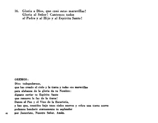 16. Gloria a Dios, que creó e.¡;tas maravillas!
Gloria al Señor! Cantemos todos
al Padre y al Hijo y al Espíritu Santo!
OREMOS:
Dios todopoderoso,
que has creado el cielo y la tierra y tooas sus mara'rilla.
para alabanza de la gloria de tu Nombre:
dígnate en'riar tu Espíritu Santo
que renueve la faz de la tierra!
Danos el Pan y el Vino de la Eucaristía,
y haz que, reunidos bajo unos cielo8 nuevos y sohre una tierra nueva
podamos bendecir eternamente tu esplendor
46 por Jesucristo, Nuestro Señor. Amén.
 