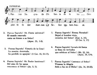 ~OfAS
~~r==~
1. Pas· eua Sao grao da Oh fíes· fa de la luz _ Des·
~tt d ~s - t 1 b :~~~Ipter· a u qut u~· mes Y..5J t· nor ~. um· rae ra.
2. Pascua Sal!;rada! Oh Fiesta universal!
El mundo renovado
canta un himno a su Señor!
(Apoc. 21, 1·5).
3. Pascua Sagrada! Victoo-ia de la Cruz!
La muerte, derrotada,
ha perdido su aguijón! (l Coro 15, 55.57).
4. Pascua Sagrada! Oh Noche bautismal!
Del seno de las aguas
renacemos al Señor! (Jn. 3, 5).
5. Pascua Sagrada! Eterna Novedad!
Dejad el hombre viejo,
revestÍM del Señor! (GaJ. 3, 27).
(2 Coro 5, 17)
6. Pascua Sagrada! La saja del festín
se llena de invitados
que celebran al Señor! (Mt. 22, 10).
(Apoc. 19, 6.9).
7. Pascua Sagrada! Cantemos al Señor!
Vivam08 la Alegría
dada a luz en el Dolor! (Jn. 16, 20.22).
 