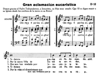 Gran aclamación eucarística D 12
Demos gracias al Padre Todopoderoso, a Jesucristo, su Hijo muy amado. O!!e El se digne reunir a
su Iglesia desde los confines de la tierra en su Reino!
parlas si· gtosr
010· ri~ ti por los si - glos!
ASAMB
5
A
T
B
~~ "...
-
, -010' na a ti por los Sl- gbs!'-./
~~ r-'I I I
'r-tí1-.
• - ,
--Olo·na a tí por los si· glos!- /
n ~JJ ; J~
"
I
ij
grao das
Da· vid
le. su·
gra.cias
~.~damos
2. Por la santa Viña de
3. Que nos has revelado por
4. Te damos
5. Por la viday el canocimiento que
nos has revela<.lo por )e· su·
~ F Ioh Pa· dre nues· tro. ANT.
tu ser· vi· dar.
cris· to tu hi· io.
oh Pa. dre nues· tro.
CriS· to tu Ht • ).).
 