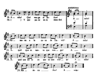ANTIFONA
~,¡¡. ~ ~,¡¡. ~ I
41
19. A-
I
Qué - ! I I
mén' verJ·ga el Sf· ñor'
A- mén'20. ( ) V qt1f pa. Sf es· te nmn·dolJ
; ~..
~21H1 d O "dO ~Amé"! I. o - san· na a a ca· sa (' a. Vt
~ ~ ~ I22. A· q~l que ~ san· to que ven - ga 1 A - ménl
d
~~;I24.Ma _ ~. na th",! A - ménl
 