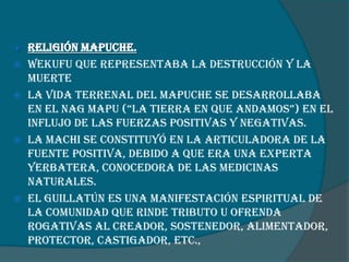 Religión Mapuche.
 Wekufu que representaba la destrucción y la
muerte
 La vida terrenal del mapuche se desarrollaba
en el Nag Mapu (“La TieRRa eN QUe aNdaMOS”) eN eL
influjo de las fuerzas positivas y negativas.
 La machi se constituyó en la articuladora de la
fuente positiva, debido a que era una experta
yerbatera, conocedora de las medicinas
naturales.
 El Guillatún es una manifestación espiritual de
la comunidad que rinde tributo u ofrenda
rogativas al creador, sostenedor, alimentador,
protector, castigador, etc.,


 