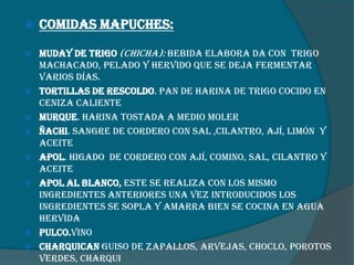 

Comidas mapuches:



Muday de trigo (chicha): bebida elabora da con trigo
machacado, pelado y hervido que se deja fermentar
varios días.
Tortillas de rescoldo. Pan de harina de trigo cocido en
ceniza caliente
Murque. Harina tostada a medio moler
Ñachi. Sangre de cordero con sal ,cilantro, ají, limón y
aceite
Apol. Higado de cordero con ají, comino, sal, cilantro y
aceite
Apol al blanco, este se realiza con los mismo
ingredientes anteriores una vez introducidos los
ingredientes se sopla y amarra bien se cocina en agua
hervida
Pulco.vino
Charquican Guiso de zapallos, arvejas, choclo, porotos
verdes, charqui










 