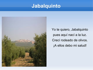 Jabalquinto
Yo te quiero, Jabalquinto
pues aquí nací a la luz.
Crecí rodeado de olivos.
¡A ellos debo mi salud!