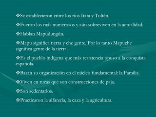 Se establecieron entre los ríos Itata y Toltén. Fueron los más numerosos y aún sobreviven en la actualidad. Hablan Mapudungún. Mapu significa tierra y che gente. Por lo tanto Mapuche significa gente de la tierra. Es el pueblo indígena que más resistencia opuso a la conquista española. Basan su organización en el núcleo fundamental: la Familia. Viven en rucas que son construcciones de paja. Son sedentarios. Practicaron la alfarería, la caza y la agricultura. 