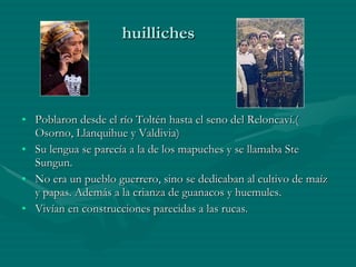 huilliches Poblaron desde el río Toltén hasta el seno del Reloncaví.( Osorno, Llanquihue y Valdivia) Su lengua se parecía a la de los mapuches y se llamaba Ste Sungun. No era un pueblo guerrero, sino se dedicaban al cultivo de maíz y papas. Además a la crianza de guanacos y huemules. Vivían en construcciones parecidas a las rucas. 