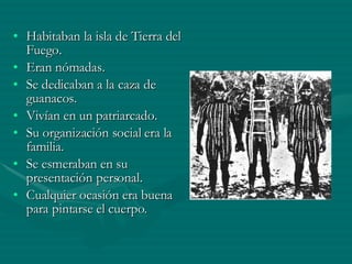 Habitaban la isla de Tierra del Fuego. Eran nómadas. Se dedicaban a la caza de guanacos. Vivían en un patriarcado. Su organización social era la familia. Se esmeraban en su presentación personal. Cualquier ocasión era buena para pintarse el cuerpo. 