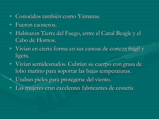 Conocidos también como Yámanas. Fueron caoneros. Habitaron Tierra del Fuego, entre el Canal Beagle y el Cabo de Hornos. Vivían en cierta forma en sus canoas de corteza frágil y ligera. Vivían semidesnudos. Cubrían su cuerpo con grasa de lobo marino para soportar las bajas temperaturas. Usaban pieles para protegerse del viento. Las mujeres eran excelentes fabricantes de cestería 