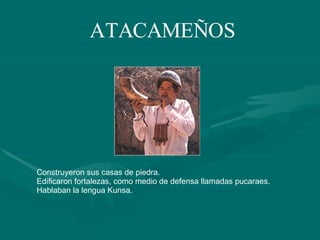 ATACAMEÑOS Construyeron sus casas de piedra. Edificaron fortalezas, como medio de defensa llamadas pucaraes. Hablaban la lengua Kunsa. 