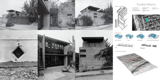H 
B 
C 
Puebla Ribera 
C O N C E P T S 
H 
UNIT COMPOSITION PRIVACY VIEWS / PRIVACY ARCHITECTURE & LAND INTEGRATION 
S I T E T O P O G R A P H Y 
Major Walls and Slabs 
Structural Elements 
Private Spaces 
H 
A 
B 
C 
D 
E F 
G 
Trellis. The major beams are 2 x 8 
redwood; the smaller ones are 2x 4 redwood. 
Railing of 1” redwood boards. 
Floor construction: 2” concrete slab on wire-mesh 
composition roof and Celotex, resting on 
3 x 8 redwood joists spaced at 24” on center. 
Glass set between 2 x 14 redwood beams. 
This supports the joists above the spans 
between concrete walls. 
3 x 8 redwood fascia. 
Construction of low roof: composition roof on 
1” boards supported by 2x 4 redwood beams 
24” on center. 
Sliding wood-and-glass door. 
Cast-in-place concrete wall. This was built 
using slab-cast system. 
A 
B 
C 
D 
E 
F 
G 
H 
A 
B 
C 
D 
E F 
G 
Trellis. The major beams are 2 x 8 
redwood; the smaller ones are 2x 4 redwood. 
Railing of 1” redwood boards. 
Floor construction: 2” concrete slab on wire-mesh 
composition roof and Celotex, resting on 
3 x 8 redwood joists spaced at 24” on center. 
Glass set between 2 x 14 redwood beams. 
This supports the joists above the spans 
between concrete walls. 
3 x 8 redwood fascia. 
Construction of low roof: composition roof on 
1” boards supported by 2x 4 redwood beams 
24” on center. 
Sliding wood-and-glass door. 
Cast-in-place concrete wall. This was built 
using slab-cast system. 
A 
B 
C 
D 
E 
F 
G 
H 
A 
B 
C 
D 
E F 
G 
redwood; the smaller ones are 2x 4 redwood. 
Railing of 1” redwood boards. 
Floor construction: 2” concrete slab on wire-mesh 
composition roof and Celotex, resting on 
3 x 8 redwood joists spaced at 24” on center. 
Glass D 
set between 2 x 14 redwood beams. 
This supports the joists above the spans 
between concrete walls. 
3 x 8 E 
redwood fascia. 
Construction F 
of low roof: composition roof on 
1” boards supported by 2x 4 redwood beams 
24” on center. 
Sliding wood-and-glass door. 
Cast-in-place concrete wall. This was built 
using slab-cast system. 
G 
H 
H 
A 
B 
C 
D 
E F 
G 
Trellis. The major beams are 2 x 8 
redwood; the smaller ones are 2x 4 redwood. 
Railing of 1” redwood boards. 
Floor construction: 2” concrete slab on wire-mesh 
composition roof and Celotex, resting on 
3 x 8 redwood joists spaced at 24” on center. 
Glass set between 2 x 14 redwood beams. 
This supports the joists above the spans 
between concrete walls. 
3 x 8 redwood fascia. 
Construction of low roof: composition roof on 
1” boards supported by 2x 4 redwood beams 
24” on center. 
Sliding wood-and-glass door. 
Cast-in-place concrete wall. This was built 
using slab-cast system. 
A 
B 
C 
D 
E 
F 
G 
H 
GRAVILLA ST. 
VISTA DEL MAR AVE. 
D E T A I L & M A T E R I A L 
VIEWS 
 