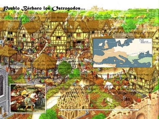 Pueblo Bárbaro los Ostrogodos… Los pueblos germánicos ostrogodos fueron proveniente de la división sufridas por los godos a raíz de las invasiones de los hunos, hacia el año 370. La historia de este reino comienza tras la independencia de los hunos, luego de la muerte de Atila. Momento en que los ostrogodos se establecen como pueblo federado de Roma, posteriormente en el año 474 fue elegido el Rey Teodorico. Mapa invasión Bárbara, los Ostrogodos Hubo varios períodos de guerras y treguas entre Teodorico y el emperador bizantino Zenón. En pronta acción se invadió a Italia,  derrotando y dando muerte en Adda a Odoacro (Rey de los hérulos) en año 493. Según el pensamiento de Teodorico, los godos eran los protectores armados de los apacibles romanos; el rey godo cargaba con la difícil tarea de gobernar, mientras que el cónsul romano recibía los honores por ello. Asimismo, todas las formas de la administración romana subsistieron bajo el reinado de Teodorico. La política y la cultura romanas tuvieron también una gran influencia sobre los Godos. Tras la última derrota los ostrogodos cayeron en el olvido, la nación prácticamente se disolvió a la muerte de Teodorico, en el año 526. Sin embargo surgió la  posibilidad de formar en Italia un Estado, reuniendo elementos romanos y germánicos. 493 Invaden Italia, convierten en un reino ostrogodo 535 Teodato, nuevo rey 554 Son vencidos y expulsados de Italia 257 Los godos se separan en 2 grupos 