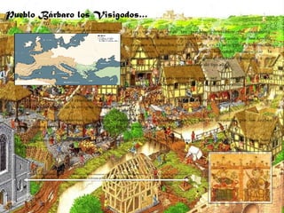 Pueblo Bárbaro los Visigodos… Mapa invasión Bárbara, los Visigodos Los visigodos eran un pueblo germánico del occidente, quienes se formaron a través de la separación de los Godos, tras ser expulsados por los hunos en el año 376. Prontamente invadieron el imperio romano logrando conquistar la península Ibérica, de esta manera dieron creación a un poderoso reino, el que duro mas de 250 años. A pesar de caracterizarse por ser un pueblo primitivo terminaron usando la lengua del latín para comunicarse y se declararon seguidores del cristianismo. Ya en el siglo V estos eran parte de un imperio romanizado, además se les consideraba henderos de la antigua roma. Durante largos años debieron luchar con diversos enemigos, finalmente estos fueron invadidos por los árabes (musulmanes) derrotando y dando termino a los visigodos en el año 711. *Los visigodos implantaron el primer reino peninsular unido e independiente (Abarcaron desde los pirineos hasta Gibraltar). 401 Rey Alarico marcha en contra Italia 378 Vencen a los romanos en la batalla de Adriano polis  711 invadidos y derrotados por los Árabes 376 fueron expulsados de Crimea por los hunos 