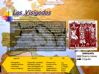 Los Visigodos La Península Ibérica, al igual que los demás territorios del Imperio Romano, sufrió diversas invasiones de los pueblos del Norte de Europa, siendo conquistada finalmente por los visigodos, quienes crearon un poderoso reino que duraría más de 250 años, hasta el año 711. Hacia el siglo V d.C. los visigodos eran ya un pueblo romanizado, que se consideraba a si mismo heredero de la antigua Roma. Toledo fue su capital.     Los visigodos crearon el primer reino peninsular independiente y  unido, desde los Pirineos hasta Gibraltar.   En el reino visigodo una minoría tenía el poder, y basaba su fuerza en el ejército y en los jefes militares .   Ostrogodos y visigodos hicieron excursiones contra el Imperio. Siglo III Emperador Aureliano abandona la Dacia, Norte del Danubio, un siglo sin problemas contra los romanos. 270-273 Firmaron un tratado con los romanos, traduciendo la Biblia al gotico. 332 Los visigodos se rebelan contra Roma. 376 