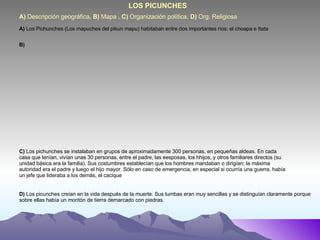 A)  Descripción geográfica,  B)  Mapa ,  C)  Organización política,  D)  Org. Religiosa LOS PICUNCHES  A)  Los Pichunches (Los mapuches del pikun mapu) habitaban entre dos importantes ríos: el choapa e Itata  B) C)  Los pichunches se instalaban en grupos de aproximadamente 300 personas, en pequeñas aldeas. En cada casa que tenían, vivían unas 30 personas, entre el padre, las eesposas, los hhijos, y otros familiares directos (su unidad básica era la familia). Sus costumbres establecían que los hombres mandaban o dirigían; la máxima autoridad era el padre y luego el hijo mayor. Sólo en caso de emergencia, en especial si ocurría una guerra, había un jefe que lideraba a los demás, el cacique D)  Los picunches creían en la vida después de la muerte. Sus tumbas eran muy sencillas y se distinguían claramente porque sobre ellas había un montón de tierra demarcado con piedras. 
