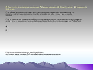 E)  Descripción de actividades económicas,  F)  Aportes culturales,  G)  Situación actual,  H)  Imágenes,  I)  Bibliografía E)  Su principal actividad económica era la agricultura y cultivaban papas, maíz, porotos y quínoa. Los picunches vivían en rucas, las que eran viviendas construidas con palos y ramas y que no poseían ventanas.  F)  Se ha hallado en las zonas de hábitat Picunche, además de la cerámica, numerosas piedras perforadas en el centro, y otras en las cuales se han encontrado pequeñas cavidades, denominándoseles por ello Piedras Tacita G) H) I)  http://www.escolares.net/trabajos_interior.php?Id=323, http://images.google.cl/images?gbv=2&hl=es&q=pueblo+indigena+los+picunches 