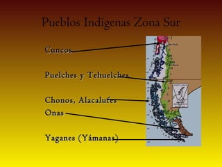 Pueblos Indígenas Zona Sur
Cuncos

Puelches y Tehuelches

Chonos, Alacalufes
Onas

Yaganes (Yámanas)
 
