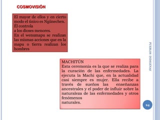PUEBLOS  INDIGENAS  El mayor de ellos y en cierto modo el único es Ngünechen.  Él controla a los dioses menores. En el wenumapu se realizan las mismas acciones que en la mapu o tierra realizan los hombres COSMOVISIÓN MACHITÚN Esta ceremonia es la que se realiza para la curación de las enfermedades. La ejecuta la Machi que, en la actualidad casi siempre es mujer. Ella recibe a través de sueños las  enseñanzas ancestrales y el poder de influir sobre la naturaleza de las enfermedades y otros fenómenos naturales. 