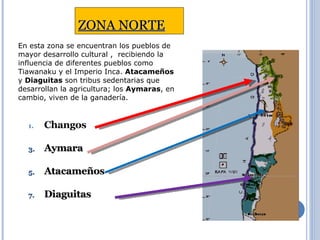 ZONA NORTE Changos Aymara Atacameños Diaguitas En esta zona se encuentran los pueblos de mayor desarrollo cultural ,  recibiendo la influencia de diferentes pueblos como Tiawanaku y el Imperio Inca.  Atacameños  y  Diaguitas  son tribus sedentarias que desarrollan la agricultura; los  Aymaras , en cambio, viven de la ganadería. 