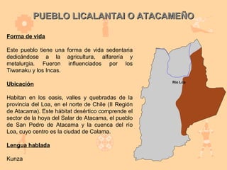 PUEBLO LICALANTAI O ATACAMEÑO

Forma de vida

Este pueblo tiene una forma de vida sedentaria
dedicándose a la agricultura, alfarería y
metalurgia. Fueron influenciados por los
Tiwanaku y los Incas.

Ubicación

Habitan en los oasis, valles y quebradas de la
provincia del Loa, en el norte de Chile (II Región
de Atacama). Este hábitat desértico comprende el
sector de la hoya del Salar de Atacama, el pueblo
de San Pedro de Atacama y la cuenca del río
Loa, cuyo centro es la ciudad de Calama.

Lengua hablada

Kunza
 
