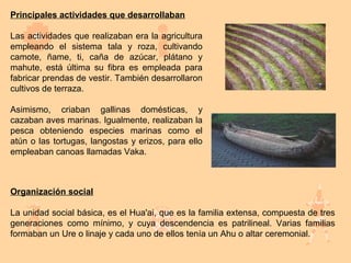 Principales actividades que desarrollaban

Las actividades que realizaban era la agricultura
empleando el sistema tala y roza, cultivando
camote, ñame, ti, caña de azúcar, plátano y
mahute, está última su fibra es empleada para
fabricar prendas de vestir. También desarrollaron
cultivos de terraza.

Asimismo, criaban gallinas domésticas, y
cazaban aves marinas. Igualmente, realizaban la
pesca obteniendo especies marinas como el
atún o las tortugas, langostas y erizos, para ello
empleaban canoas llamadas Vaka.



Organización social

La unidad social básica, es el Hua'ai, que es la familia extensa, compuesta de tres
generaciones como mínimo, y cuya descendencia es patrilineal. Varias familias
formaban un Ure o linaje y cada uno de ellos tenía un Ahu o altar ceremonial.
 