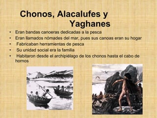 Chonos, Alacalufes y  Yaghanes Eran bandas canoeras dedicadas a la pesca Eran llamados nómades del mar, pues sus canoas eran su hogar Fabricaban herramientas de pesca Su unidad social era la familia Habitaron desde el archipiélago de los chonos hasta el cabo de hornos 
