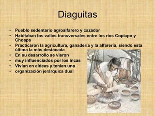 Diaguitas Pueblo sedentario agroalfarero y cazador Habitaban los valles transversales entre los ríos Copiapo y Choapa Practicaron la agricultura, ganadería y la alfarería, siendo esta última la más destacada En su desarrollo se vieron  muy influenciados por los incas Vivían en aldeas y tenían una  organización jerárquica dual 