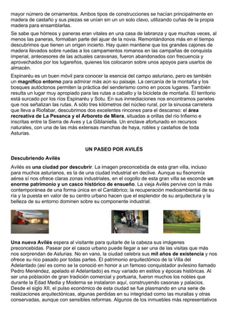mayor número de ornamentos. Ambos tipos de construcciones se hacían principalmente en 
madera de castaño y sus piezas se unían sin un un solo clavo, utilizando cuñas de la propia 
madera para ensamblarlas. 
Se sabe que hórreos y paneras eran vitales en una casa de labranza y que muchas veces, al 
menos las paneras, formaban parte del ajuar de la novia. Remontándonos más en el tiempo 
descubrimos que tienen un origen incierto. Hay quien mantiene que los grandes cajones de 
madera llevados sobre ruedas a los campamentos romanos en las campañas de conquista 
imperial, antecesores de las actuales caravanas, fueron abandonados con frecuencia y 
aprovechados por los lugareños, quienes los colocaron sobre unos apoyos para usarlos de 
almacén. 
Espinaréu es un buen móvil para conocer la esencia del campo asturiano, pero es también 
un magnífico entorno para admirar más aún su paisaje. La cercanía de la montaña y los 
bosques autóctonos permiten la práctica del senderismo como en pocos lugares. También 
resulta un lugar muy apropiado para las rutas a caballo y la bicicleta de montaña. El territorio 
está surcado por los ríos Espinaréu y Sotu. En sus inmediaciones nos encontramos paneles 
que nos señalizan las rutas. A sólo tres kilómetros del núcleo rural, por la sinuosa carretera 
que lleva a Riofabar, descubrimos dos excelentes rincones para el descanso: el área 
recreativa de La Pesanca y el Arboreto de Miera, situadas a orillas del río Infierno e 
inscritas entre la Sierra de Aves y La Giblaniella. Un enclave afortunado en recursos 
naturales, con una de las más extensas manchas de haya, robles y castaños de toda 
Asturias. 
UN PASEO POR AVILÉS 
Descubriendo Avilés 
Avilés es una ciudad por descubrir. La imagen preconcebida de esta gran villa, incluso 
para muchos asturianos, es la de una ciudad industrial en declive. Aunque su fisonomía 
aérea sí nos ofrece claras zonas industriales, en el cogollo de esta gran villa se esconde un 
enorme patrimonio y un casco histórico de ensueño. La vieja Avilés pervive con la más 
contemporánea de una forma única en el Cantábrico; la recuperación medioambiental de su 
ría y la puesta en valor de su centro urbano hacen que el esplendor de su arquitectura y la 
belleza de su entorno dominen sobre su componente industrial. 
Una nueva Avilés espera al visitante para quitarle de la cabeza sus imágenes 
preconcebidas. Pasear por el casco urbano puede llegar a ser una de las visitas que más 
nos sorprendan de Asturias. No en vano, la ciudad celebra sus mil años de existencia y nos 
ofrece su rico pasado por todas partes. El patrimonio arquitectónico de la Villa del 
Adelantado (así es como se la conoció en honor a un famoso conquistador avilesino llamado 
Pedro Menéndez, apelado el Adelantado) es muy variado en estilos y épocas históricas. Al 
ser una población de gran tradición comercial y portuaria, fueron muchos los nobles que 
durante la Edad Media y Moderna se instalaron aquí, construyendo casonas y palacios. 
Desde el siglo XII, el pulso económico de esta ciudad se fue plasmando en una serie de 
realizaciones arquitectónicas, algunas perdidas en su integridad como las murallas y otras 
conservadas, aunque con sensibles reformas. Algunos de los inmuebles más representativos 
 