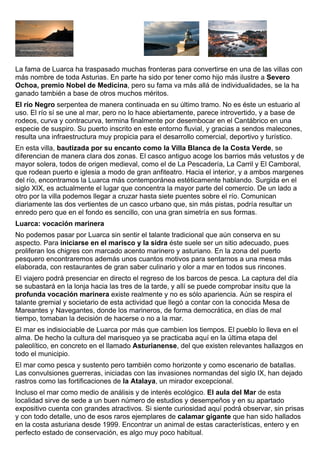 La fama de Luarca ha traspasado muchas fronteras para convertirse en una de las villas con 
más nombre de toda Asturias. En parte ha sido por tener como hijo más ilustre a Severo 
Ochoa, premio Nobel de Medicina, pero su fama va más allá de individualidades, se la ha 
ganado también a base de otros muchos méritos. 
El río Negro serpentea de manera continuada en su último tramo. No es éste un estuario al 
uso. El río sí se une al mar, pero no lo hace abiertamente, parece introvertido, y a base de 
rodeos, curva y contracurva, termina finalmente por desembocar en el Cantábrico en una 
especie de suspiro. Su puerto inscrito en este entorno fluvial, y gracias a sendos malecones, 
resulta una infraestructura muy propicia para el desarrollo comercial, deportivo y turístico. 
En esta villa, bautizada por su encanto como la Villa Blanca de la Costa Verde, se 
diferencian de manera clara dos zonas. El casco antiguo acoge los barrios más vetustos y de 
mayor solera, todos de origen medieval, como el de La Pescadería, La Carril y El Camboral, 
que rodean puerto e iglesia a modo de gran anfiteatro. Hacia el interior, y a ambos margenes 
del río, encontramos la Luarca más contemporánea estéticamente hablando. Surgida en el 
siglo XIX, es actualmente el lugar que concentra la mayor parte del comercio. De un lado a 
otro por la villa podemos llegar a cruzar hasta siete puentes sobre el río. Comunican 
diariamente las dos vertientes de un casco urbano que, sin más pistas, podría resultar un 
enredo pero que en el fondo es sencillo, con una gran simetría en sus formas. 
Luarca: vocación marinera 
No podemos pasar por Luarca sin sentir el talante tradicional que aún conserva en su 
aspecto. Para iniciarse en el marisco y la sidra éste suele ser un sitio adecuado, pues 
proliferan los chigres con marcado acento marinero y asturiano. En la zona del puerto 
pesquero encontraremos además unos cuantos motivos para sentarnos a una mesa más 
elaborada, con restaurantes de gran saber culinario y olor a mar en todos sus rincones. 
El viajero podrá presenciar en directo el regreso de los barcos de pesca. La captura del día 
se subastará en la lonja hacia las tres de la tarde, y allí se puede comprobar insitu que la 
profunda vocación marinera existe realmente y no es sólo apariencia. Aún se respira el 
talante gremial y societario de esta actividad que llegó a contar con la conocida Mesa de 
Mareantes y Navegantes, donde los marineros, de forma democrática, en días de mal 
tiempo, tomaban la decisión de hacerse o no a la mar. 
El mar es indisiociable de Luarca por más que cambien los tiempos. El pueblo lo lleva en el 
alma. De hecho la cultura del marisqueo ya se practicaba aquí en la última etapa del 
paleolítico, en concreto en el llamado Asturianense, del que existen relevantes hallazgos en 
todo el municipio. 
El mar como pesca y sustento pero también como horizonte y como escenario de batallas. 
Las convulsiones guerreras, iniciadas con las invasiones normandas del siglo IX, han dejado 
rastros como las fortificaciones de la Atalaya, un mirador excepcional. 
Incluso el mar como medio de análisis y de interés ecológico. El aula del Mar de esta 
localidad sirve de sede a un buen número de estudios y desempeños y en su apartado 
expositivo cuenta con grandes atractivos. Si siente curiosidad aquí podrá observar, sin prisas 
y con todo detalle, uno de esos raros ejemplares de calamar gigante que han sido hallados 
en la costa asturiana desde 1999. Encontrar un animal de estas características, entero y en 
perfecto estado de conservación, es algo muy poco habitual. 
 