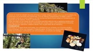 Honran la tradición relojera de este pintoresco Pueblo Mágico el gran reloj floral en la plaza y los
autómatas en la fachada de Centenario. Con las últimas campanadas, la niebla vuelve a
envolverlo todo en un aura mágica y en las noches de fiesta la gran plaza se transforma en un
espectáculo de danzas, música y pirotecnia.
Visitar Zacatlán en los meses de julio a octubre permitirá disfrutar de su agridulce producción
frutícola conformada por diversas variedades de ciruelos, peras y principalmente manzanas,
estas últimas han permitido celebrar desde 1941 la gran feria de la manzana.
COLINDANCIAS
Asentado en la Sierra Norte de Puebla. Sus colindancias son al Norte con Chiconcuautla y
Huauchinango, al Sur con Aquixtla y Chignahuapan, al Oeste con Ahuacatlán, Tepetzintla y
Tetela de Ocampo y al Poniente con Ahuazotepec y el estado de Hidalgo.
 