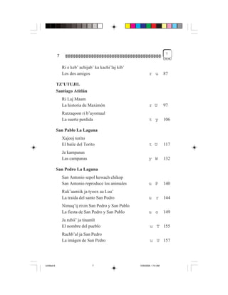 7
             7

                 Ri e keb’ achijab’ ka kachi’laj kib’
                 Los dos amigos                                 r u          87

             TZ’UTUJIL
             Santiago Atitlán
                 Ri Laj Maam
                 La historia de Maximón                         r U          97
                 Rutzaqoon ri b’ayomaal
                 La suerte perdida                              t y          106

             San Pablo La Laguna
                 Xajooj torito
                 El baile del Torito                            t U          117
                 Ja kampanas
                 Las campanas                                   y W          132

             San Pedro La Laguna
                 San Antonio sepol kewach chikop
                 San Antonio reproduce los animales             u P          140
                 Ruk’aamiik ja tyoox aa Luu’
                 La traída del santo San Pedro                  u r          144
                 Nimaq’ij rixin San Pedro y San Pablo
                 La fiesta de San Pedro y San Pablo             u o          149
                 Ja rubii’ ja tinamït
                 El nombre del pueblo                            u T 155
                 Rachb’al ja San Pedro
                 La imágen de San Pedro                          u U 157




Untitled-8                        7                     10/9/2006, 1:14 AM
 