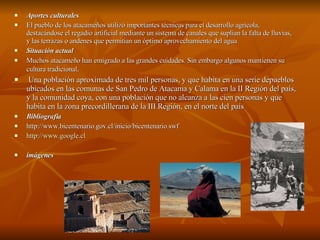 Aportes culturales El pueblo de los atacameños utilizó importantes técnicas para el desarrollo agrícola, destacándose el regadío artificial mediante un sistema de canales que suplían la falta de lluvias, y las terrazas o andenes que permitían un óptimo aprovechamiento del agua  Situación actual Muchos atacameño han emigrado a las grandes cuidades. Sin embargo algunos mantienen su cultura tradicional . Una población aproximada de tres mil personas, y que habita en una serie depueblos ubicados en las comunas de San Pedro de Atacama y Calama en la II Región del país, y la comunidad coya, con una población que no alcanza a las cien personas y que habita en la zona precordillerana de la III Región, en el norte del país  Bibliografia  http://www.bicentenario.gov.cl/inicio/bicentenario.swf http://www.google.cl imágenes 