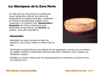 Los Aborígenes de la Zona Norte

   En esta zona se encuentran los pueblos de
   mayor desarrollo cultural. Son parte del
   desarrollo de los Andes Centrales, recibiendo
   la influencia de diferentes pueblos como
   Tiawanaku y el Imperio Inca. Atacameños y
   Diaguitas son tribus sedentarias que
   desarrollan la agricultura; los Aimará, en
   cambio, viven de la ganadería.


    Atacameños
    Habitaban los oasis cercanos al salar de
    Atacama y los cursos medios e inferior del río
    Loa.

    Practicaban la agricultura en las laderas de las quebradas y cerros con un sistema
    de regadío artificial y sofisticadas técnicas agrícolas. Producían maíz, frijoles, ají,
    calabazas y papas.
    Hablaban en kunza, idioma que fue desapareciendo al imponerse el quechua tras
    la conquista inca.




PSU Historia y Ciencias Sociales                                Raíces Históricas de Chile U 1/ 6
 