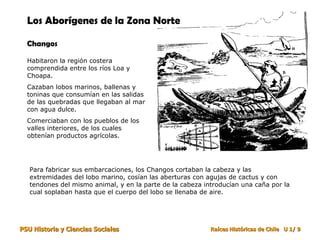 Los Aborígenes de la Zona Norte

  Changos

  Habitaron la región costera
  comprendida entre los ríos Loa y
  Choapa.
  Cazaban lobos marinos, ballenas y
  toninas que consumían en las salidas
  de las quebradas que llegaban al mar
  con agua dulce.
  Comerciaban con los pueblos de los
  valles interiores, de los cuales
  obtenían productos agrícolas.




   Para fabricar sus embarcaciones, los Changos cortaban la cabeza y las
   extremidades del lobo marino, cosían las aberturas con agujas de cactus y con
   tendones del mismo animal, y en la parte de la cabeza introducían una caña por la
   cual soplaban hasta que el cuerpo del lobo se llenaba de aire.




PSU Historia y Ciencias Sociales                           Raíces Históricas de Chile U 1/ 9
 