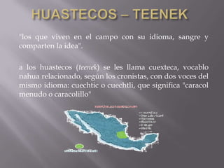 "los que viven en el campo con su idioma, sangre y
comparten la idea".

a los huastecos (teenek) se les llama cuexteca, vocablo
nahua relacionado, según los cronistas, con dos voces del
mismo idioma: cuechtic o cuechtli, que significa "caracol
menudo o caracolillo"
 