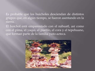Es probable que los huicholes desciendan de distintos
grupos que, en algún tiempo, se fueron asentando en la
sierra.
El huichol está emparentado con el náhuatl, así como
con el pima, el yaqui, el pueblo, el cora y el tepehuano,
que forman parte de la familia yuto-azteca.
 