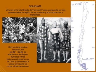 SELK’NAM  Vivieron en la Isla Grande de Tierra del Fuego, compuesta por dos grandes áreas: la región de las praderas y la zona boscosa y montañosa.  Con un clima crudo e inhóspito, los  selk’nam  se adaptaron a los largos, húmedos y fríos inviernos del extremo sur de Chile y aprendieron a utilizar al máximo los cortos y frescos veranos. 