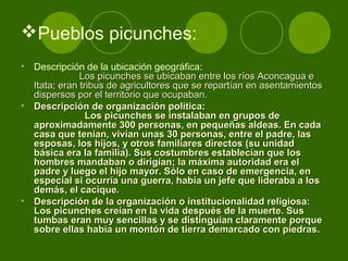 Pueblos picunches:
• Descripción de la ubicación geográfica:
Los picunches se ubicaban entre los ríos Aconcagua eLos picunches se ubicaban entre los ríos Aconcagua e
Itata; eran tribus de agricultores que se repartían en asentamientosItata; eran tribus de agricultores que se repartían en asentamientos
dispersos por el territorio que ocupaban.dispersos por el territorio que ocupaban.
• Descripción de organización política:Descripción de organización política:
Los picunches se instalaban en grupos deLos picunches se instalaban en grupos de
aproximadamente 300 personas, en pequeñas aldeas. En cadaaproximadamente 300 personas, en pequeñas aldeas. En cada
casa que tenían, vivían unas 30 personas, entre el padre, lascasa que tenían, vivían unas 30 personas, entre el padre, las
esposas, los hijos, y otros familiares directos (su unidadesposas, los hijos, y otros familiares directos (su unidad
básica era la familia). Sus costumbres establecían que losbásica era la familia). Sus costumbres establecían que los
hombres mandaban o dirigían; la máxima autoridad era elhombres mandaban o dirigían; la máxima autoridad era el
padre y luego el hijo mayor. Sólo en caso de emergencia, enpadre y luego el hijo mayor. Sólo en caso de emergencia, en
especial si ocurría una guerra, había un jefe que lideraba a losespecial si ocurría una guerra, había un jefe que lideraba a los
demás, el cacique.demás, el cacique.
• Descripción de la organización o institucionalidad religiosa:Descripción de la organización o institucionalidad religiosa:
Los picunches creían en la vida después de la muerte. SusLos picunches creían en la vida después de la muerte. Sus
tumbas eran muy sencillas y se distinguían claramente porquetumbas eran muy sencillas y se distinguían claramente porque
sobre ellas había un montón de tierra demarcado con piedras.sobre ellas había un montón de tierra demarcado con piedras.
 