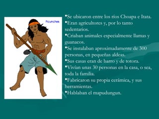 Se ubicaron entre los ríos Choapa e Itata. 
Eran agricultores y, por lo tanto 
sedentarios. 
Criaban animales especialmente llamas y 
guanacos. 
Se instalaban aproximadamente de 300 
personas, en pequeñas aldeas. 
Sus casas eran de barro y de totora. 
Vivían unas 30 personas en la casa, o sea, 
toda la familia. 
Fabricaron su propia cerámica, y sus 
herramientas. 
Hablaban el mapudungun. 
 