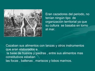 Eran cazadores del periodo, no 
tenían ningún tipo de 
organización territorial ya que 
su cultura se basaba en torno 
al mar. 
Cazaban sus alimentos con lanzas y otros instrumentos 
que eran elaborados a 
la base de huesos y piedras , entre sus alimentos mas 
constitutivos estaban 
las focas , ballenas , mariscos y lobos marinos. 
 