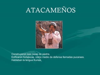ATACAMEÑOS
Construyeron sus casas de piedra.
Edificaron fortalezas, como medio de defensa llamadas pucaraes.
Hablaban la lengua Kunsa.
 