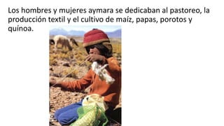 Los hombres y mujeres aymara se dedicaban al pastoreo, la
producción textil y el cultivo de maíz, papas, porotos y
quínoa.
 