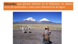 Ubicación: Los aimará vivieron en el Altiplano, en aldeas
cerca de quebradas y oasis para abastecerse de agua.
 