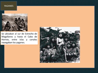 YAGANES




Se ubicaban al sur de Estrecho de
Magallanes y hasta el Cabo de
Hornos, entre islas y canales
navegaban los yaganes.
 